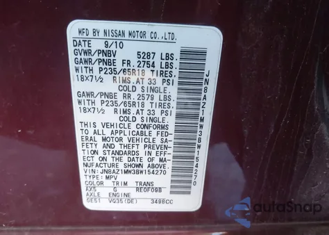 2011 Nissan Murano Sl из США, поврежденный, VIN JN8AZ1MW3BW154270